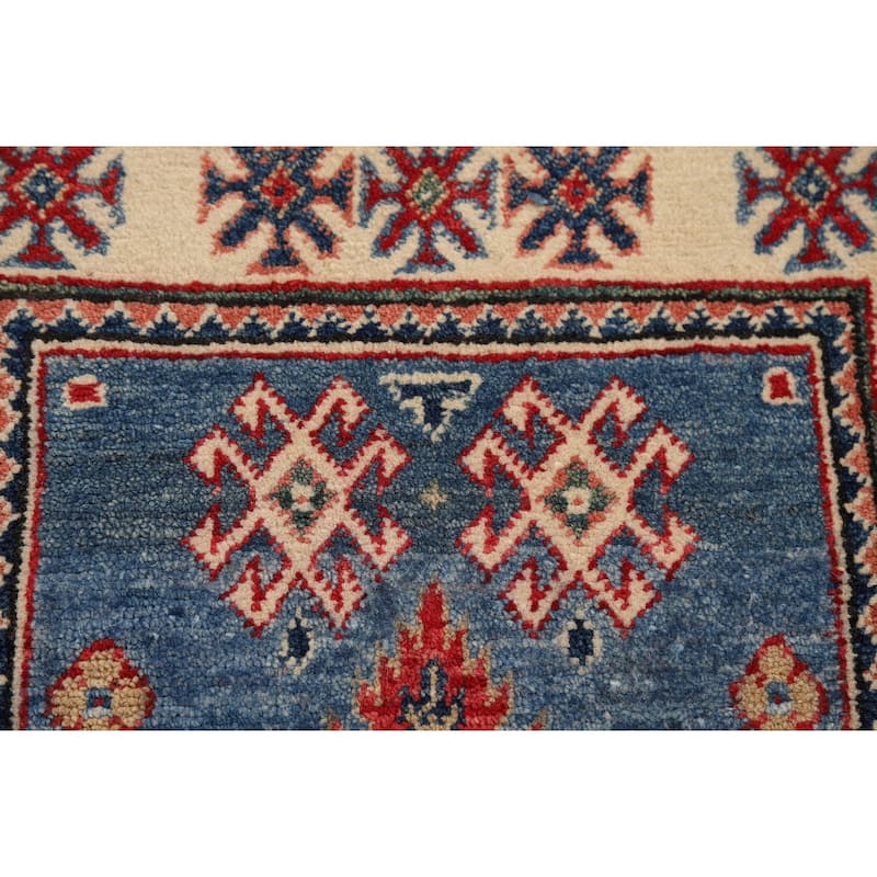 Blue Geometric Kazak Accent Rug Handmade Wool Carpet - 2'0" x 3'1"