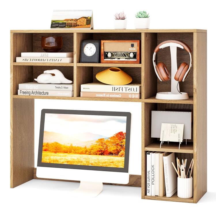 Engineered Wood Desk Hutch with Adjustable Shelves 7 Cubby Desktop Bookshelf Organizer for Home Office - 37" x 10" x 31"