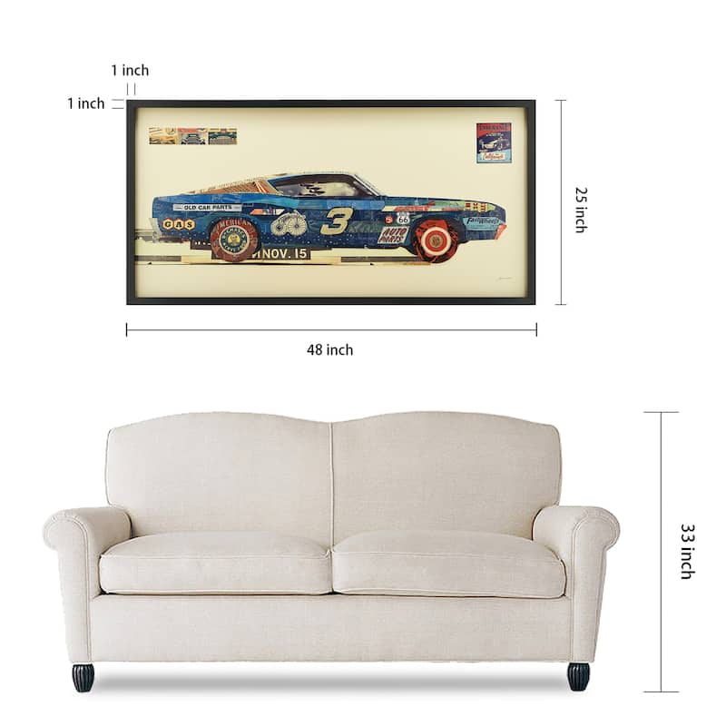 "Muscle Blue Car" Dimensional Collage Framed Graphic Glass Wall Art