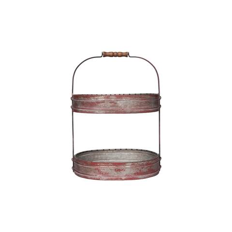 Red Metal Oval 2 Tier Tray with Handle