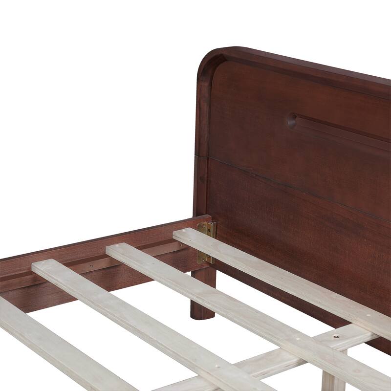 Rustic Pine Wood Bed Frame Low-Profile Platform Bed with Panel Headboard Solid Wood Slat Support and Extra Wide Thickened Legs