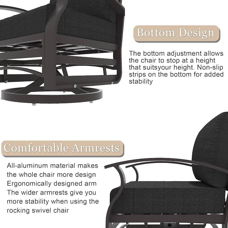 Kullavik 3Pcs Aluminum Rocking Chair Swivel Chairs Set with Glass Top Table & 5" Thick Cushion