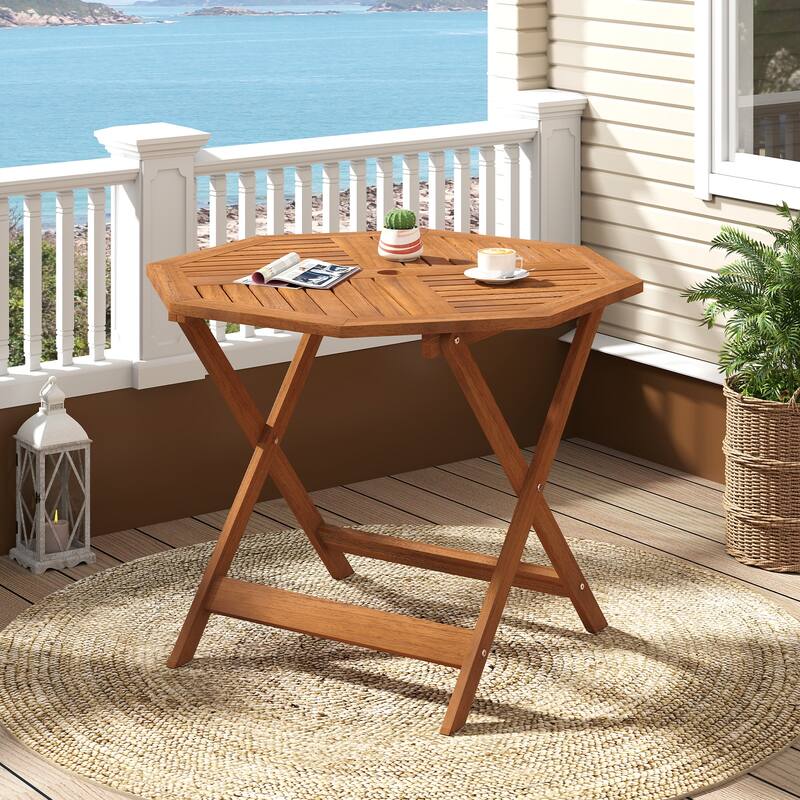Gymax 35.5'' Solid Wood Patio Dining Table w/1.97'' Umbrella Hole
