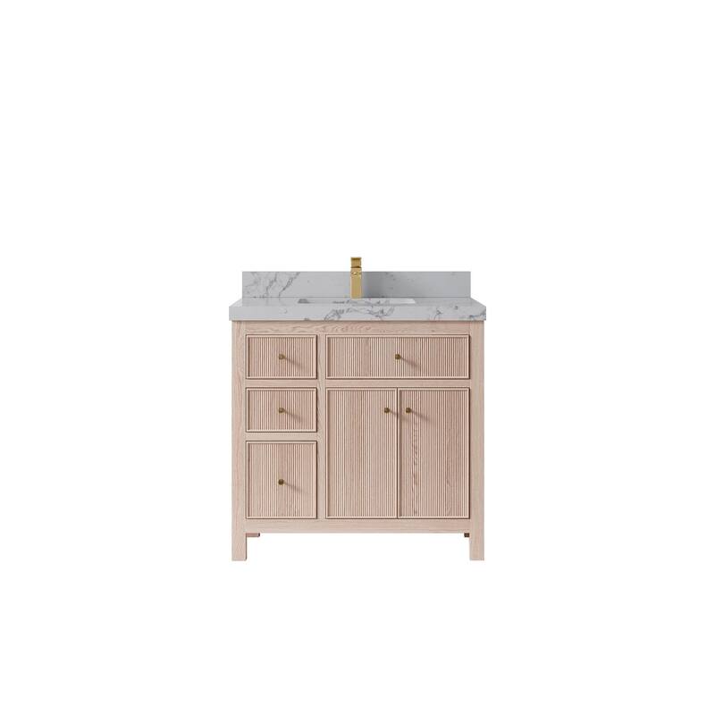 Willow Collections 36 x 22 Sonoma Oak Wood Center Sink Right Bathroom Vanity with Quartz or Marble Countertop - 2"Venatino Quartz - White Oak
