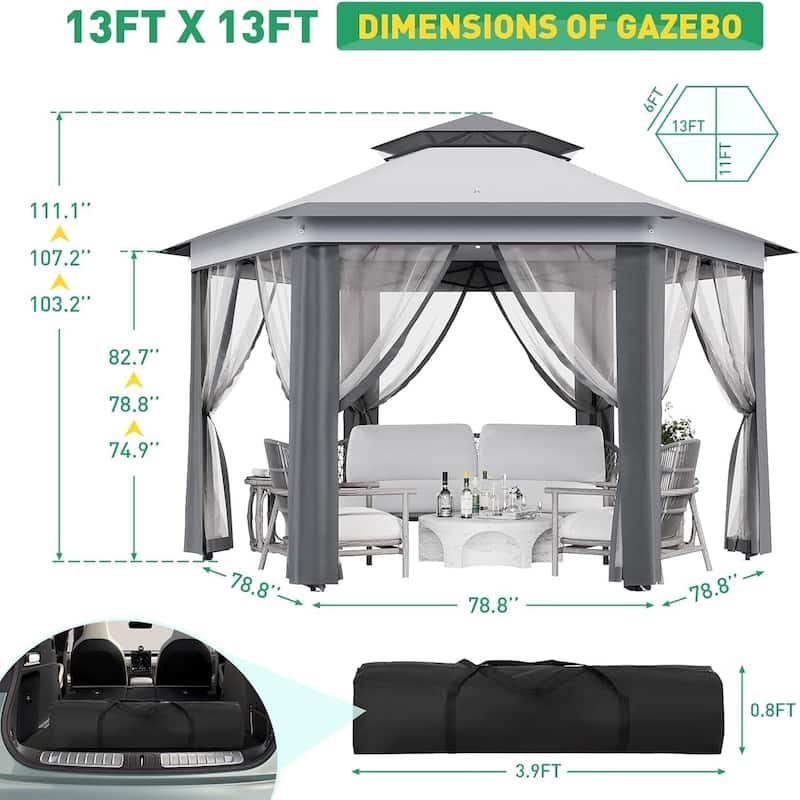 13' x 13' Hexagonal Pop Up Gazebo Canopy Shelter for Backyard, Garden, Lawn - 13' x 13'