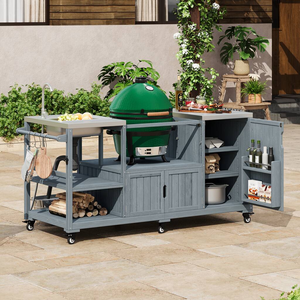 75.4" Solid Wood Outdoor Kitchen Island with with Stainless Steel Top & Sink for XL Green Egg Grills