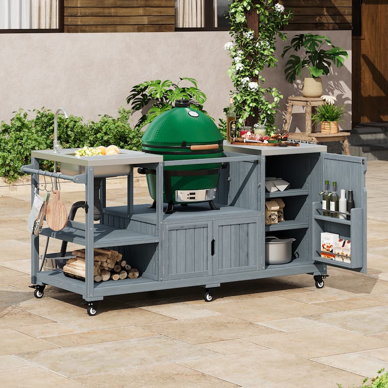 75.4"Outdoor Kitchen Island with Sink, Solid Wood Grill Cart for XL Green Egg Grills, Rolling Bar Cart with Stainless Steel Top - Grey+Blue