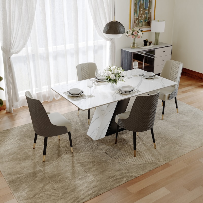 Modern Luxury White Rectangular Dining Table with Glossy Sintered Stone Tabletop, White Z-shaped Stainless Steel Base