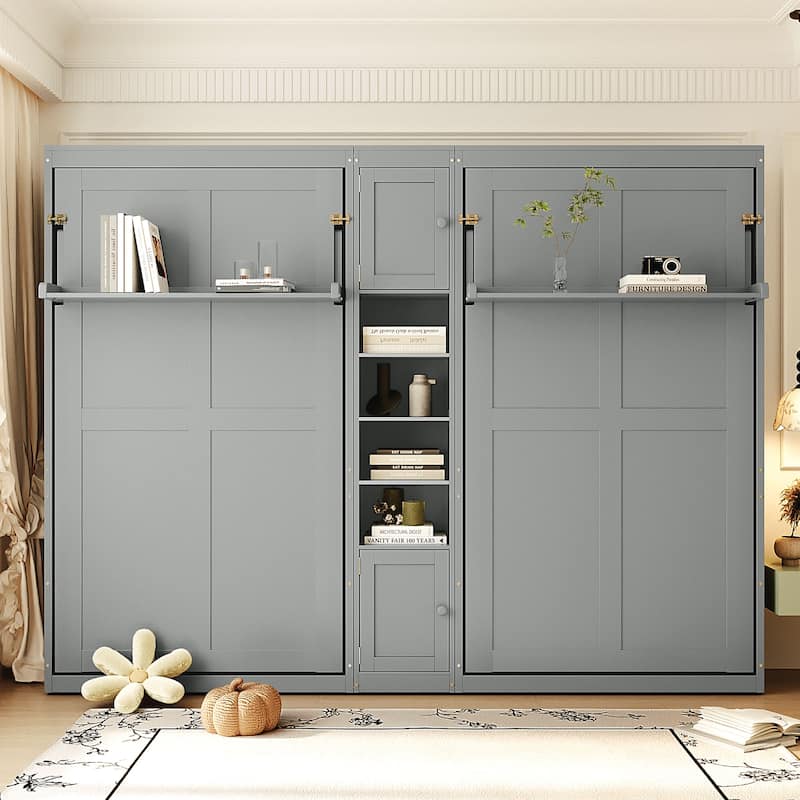 Dual Twin Wall Beds with Cabinets and Shelves, Space-Saving Furniture