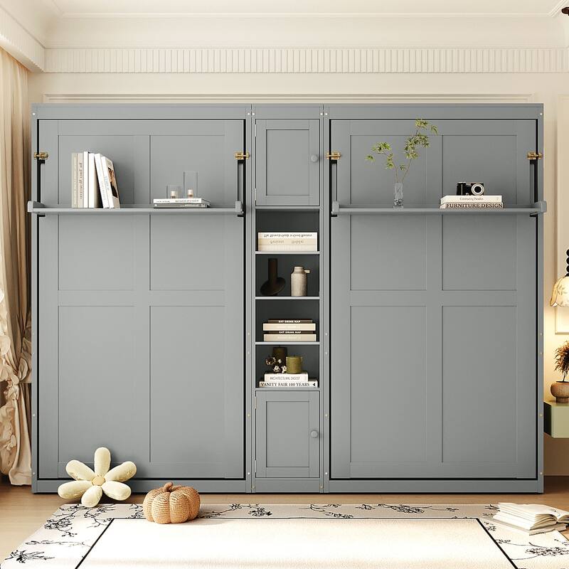 Dual Twin Wall Murphy Bed with Storage Cabinet and Display Shelves, Foldable Wooden Bed Frame for Apartments or Guest Rooms - Grey