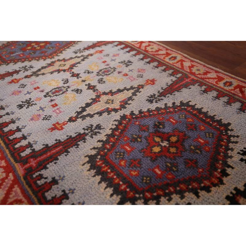 Light Blue Geometric Viss Oriental Runner Rug Handmade Wool Carpet - 2'6"x 10'0"