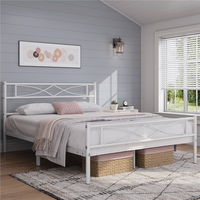 Yaheetech Simple Metal Platform Bed Frame with Curved Design Headboard and Footboard - White - Full