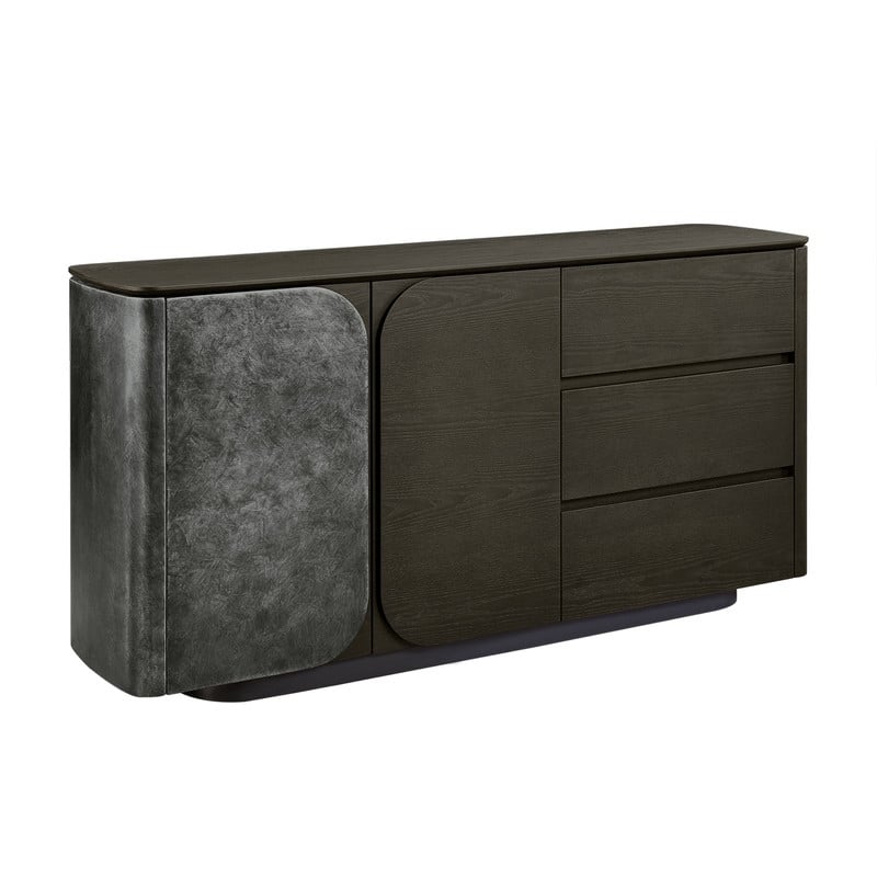 Spruce & Spring Modern Scandinavian Luxury Ash Wood Sideboard with Metallic Accent, Dark Brown Storage Buffet Cabinet