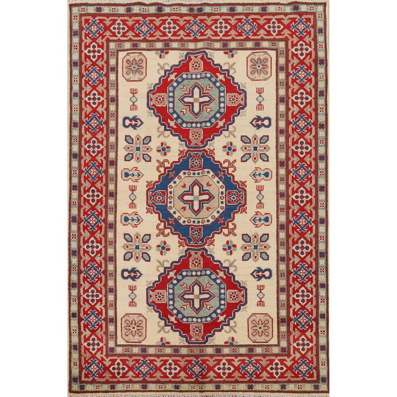 Ivory Geometric Kazak Foyer Rug Handmade Traditional Wool Carpet - 4'1" x 6'0"