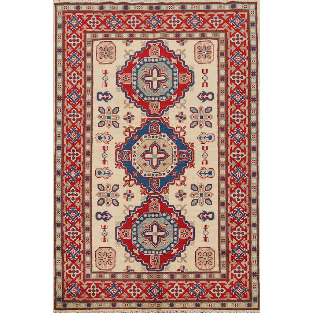 Ivory Geometric Kazak Foyer Rug Handmade Traditional Wool Carpet - 4'1" x 6'0"