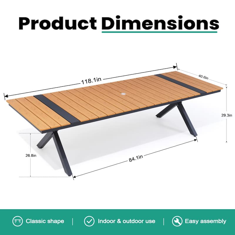 VredHom Aluminum Rectangular Outdoor Patio Dining Table with Umbrella Hole X Frame