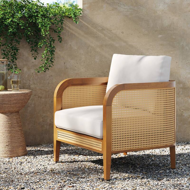 Twila Bohemian Outdoor Upholstered Rattan Patio Seating with Solid Wood Frame - 1 Chair - Linen White/Acacia