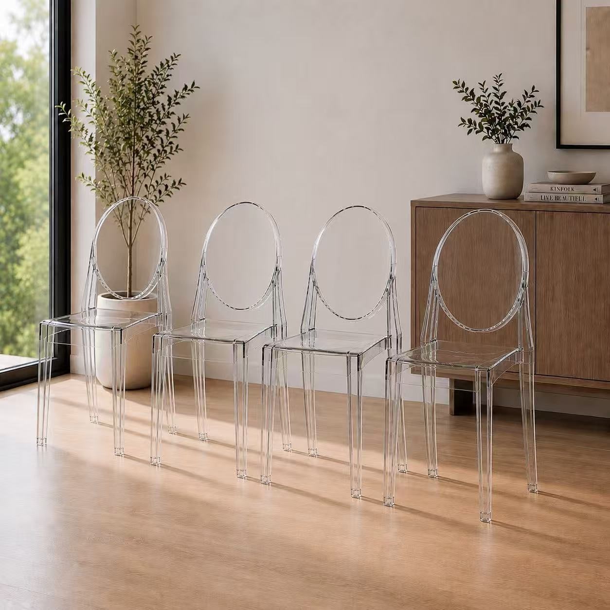 Set of 4 Designer Transparent Dining Chairs Modern Designer Stacking Accent For Kitchen Armless No Arms