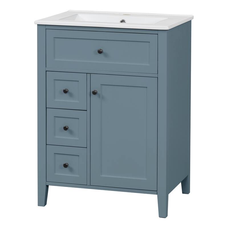24" Gray Blue Bathroom Vanity with Sink, MDF & Rubberwood Construction, 3 Drawers & Cabinet with Adjustable Shelves