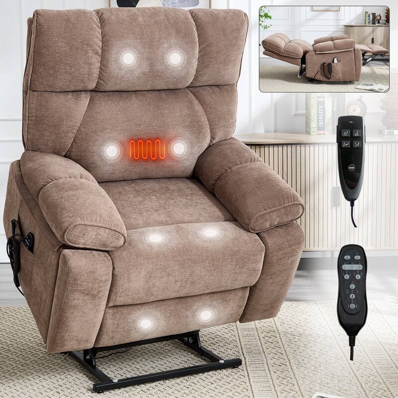 Heat Massage Dual Motor Infinite Position Large Electric Power Lift Recliners with Hidden Cup Holders,Power-Remote,Medium-firm