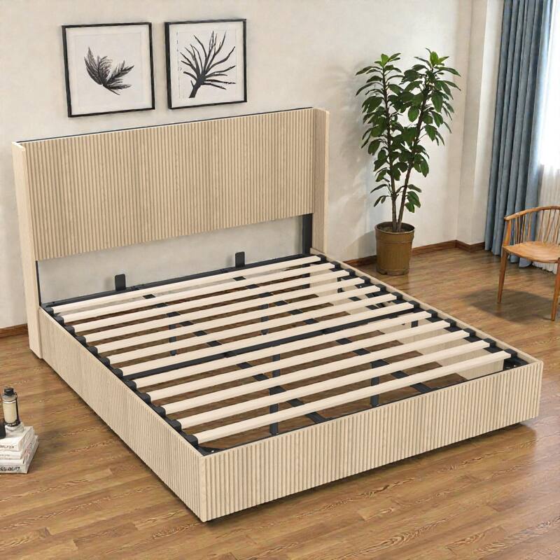 Wood Lift Storage Platform Bed with Raised Headboard, Gas Lift Design, No Box Spring Needed, Queen King