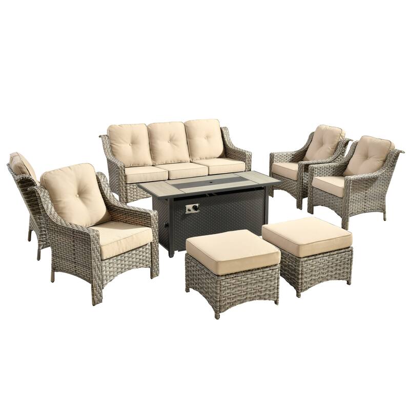 HOOOWOOO 8-piece Wicker Patio Ergonomic Conversation Set with 54" Fire Pit