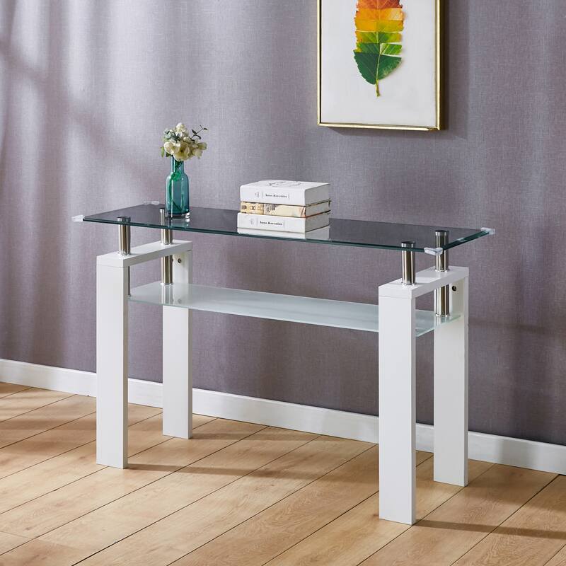 Console Table, Tempered Glass Top, Modern Foyer Area Table - White