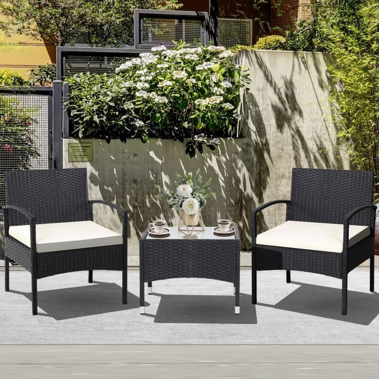 3 Pieces Patio Wicker Rattan Furniture Set with Cushion for Lawn Backyard - 19.5" x 19.5" x 15" (L x W x H) - White