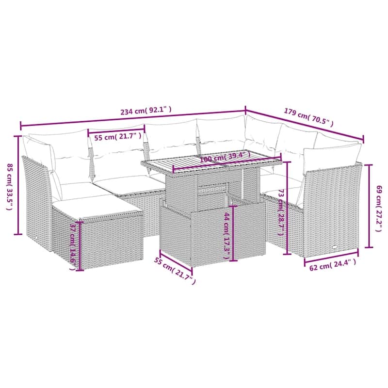 vidaXL Patio Sofa Set with Cushions Outdoor Furniture 8 Piece Poly Rattan - 21.7 x 39.4 x 28.7 in