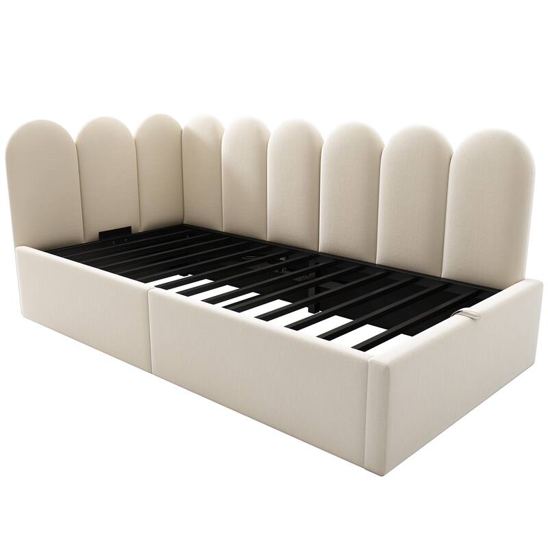 Velvet Upholstered Daybed with Hydraulic Storage, Twin Size Sofa Bed, Metal Slatted Frame, Beige