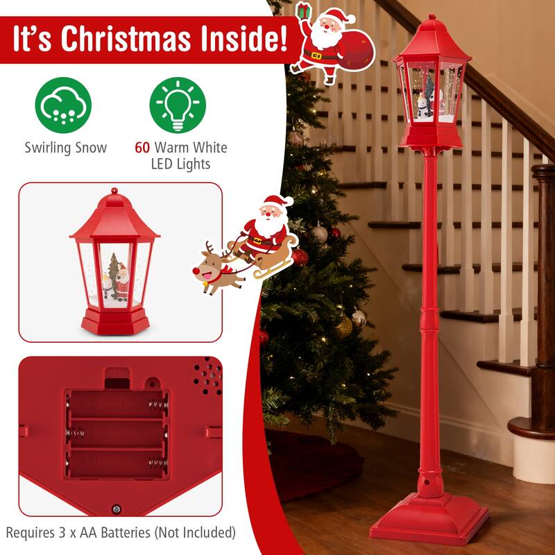 5.3 Feet Red Musical Christmas Street Lamp with LED Lights, Snow Scene, Santa, and 8 Tunes - 12.5" x 12.5" x 64"