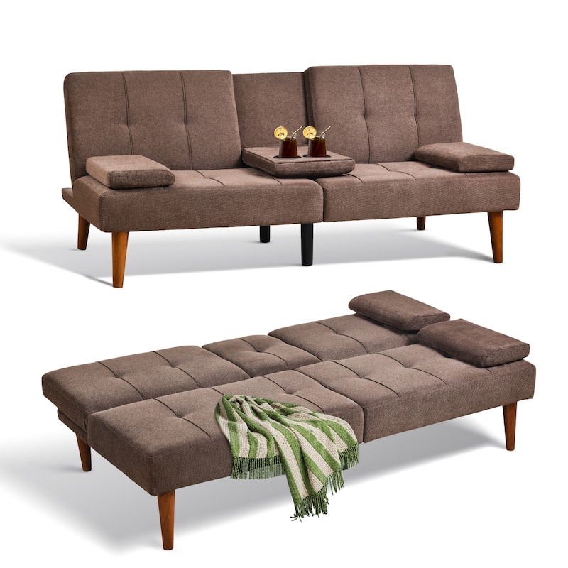 ​65" Futon Sofa Bed - Adjustable, Dual Cup Holders, Space-Saving for Small Rooms​ - Brown