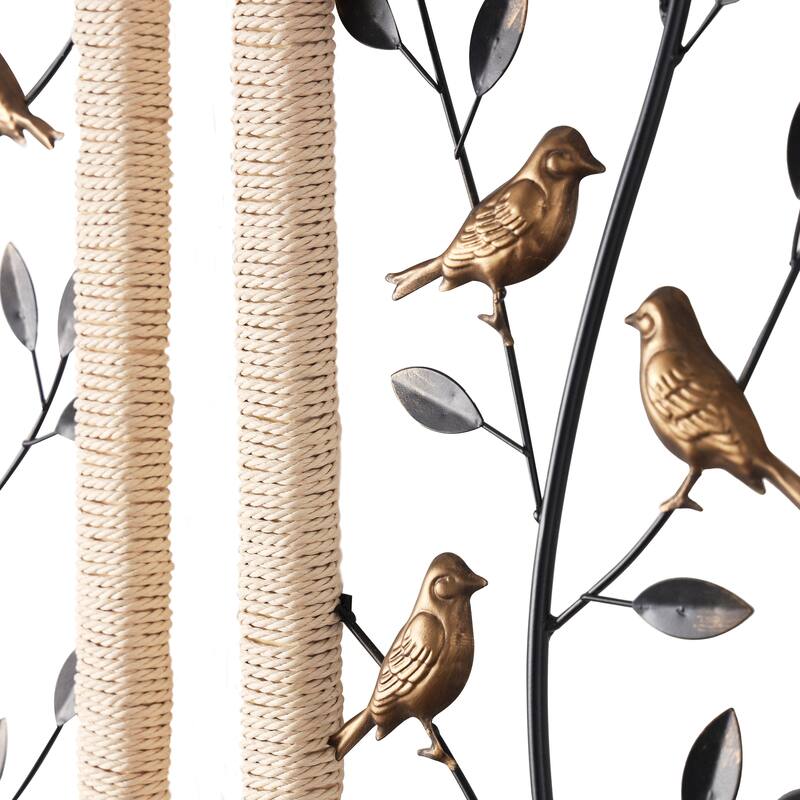 Black Metal Leaf Home Wall Decor with Cream Rattan Frame and Bronze Bird Accents (Set of 2)