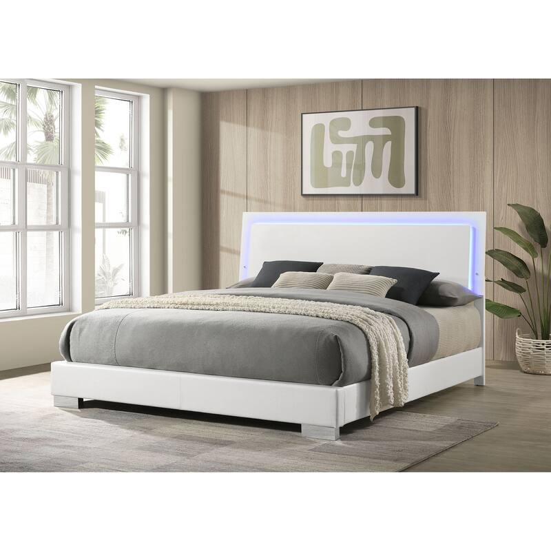 Modern White High Gloss King Panel Bed with LED Lighting - White