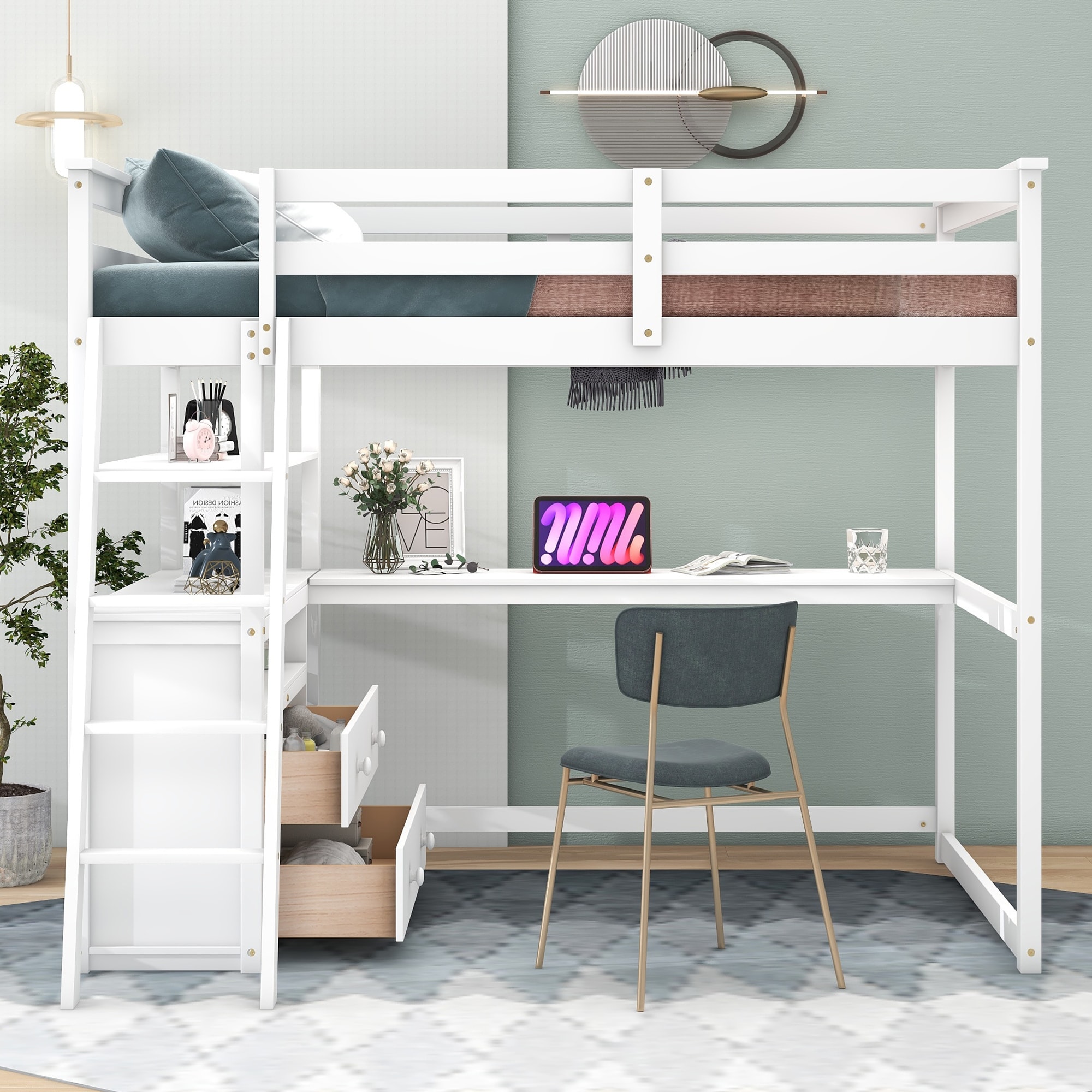 Full Size Loft Bed with Desk and Shelves Two Built in Drawers