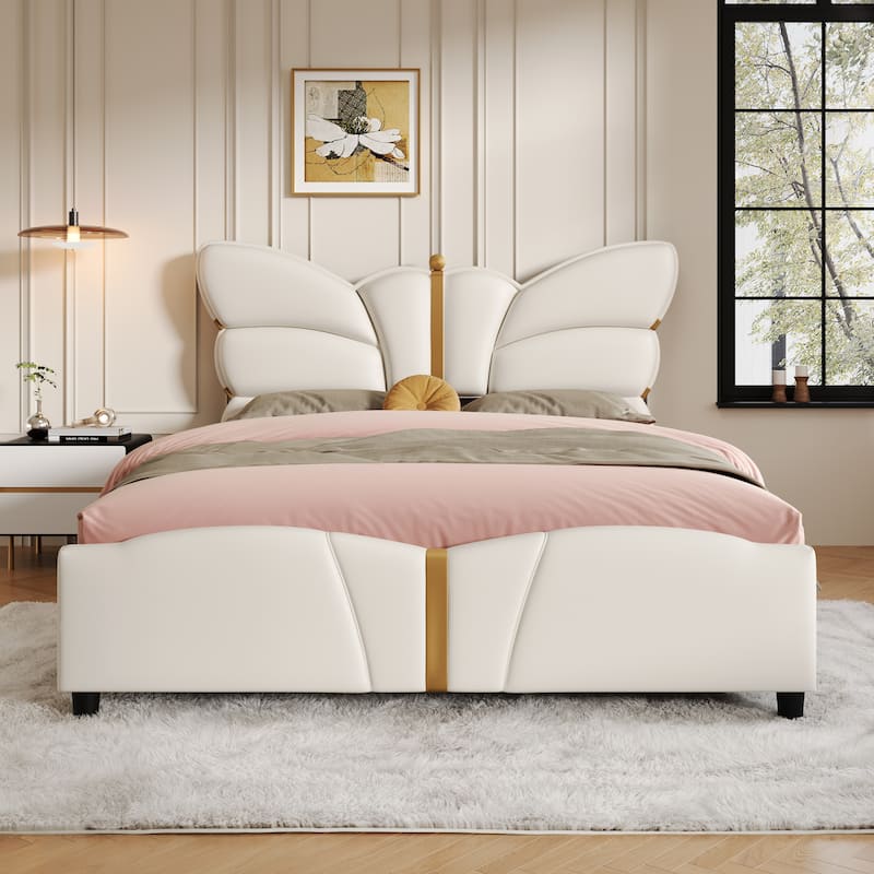Bedroom Platform Bed Frame with Butterfly-Shaped Headboard, PU Leather Upholstered Bed with Gold Accents