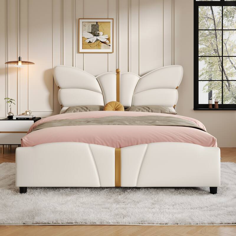 Full Size Upholstered PU Leather Bed Frame with Butterfly Headboard, Gold Metal Decor, No Box Spring Needed, Beige - Beige