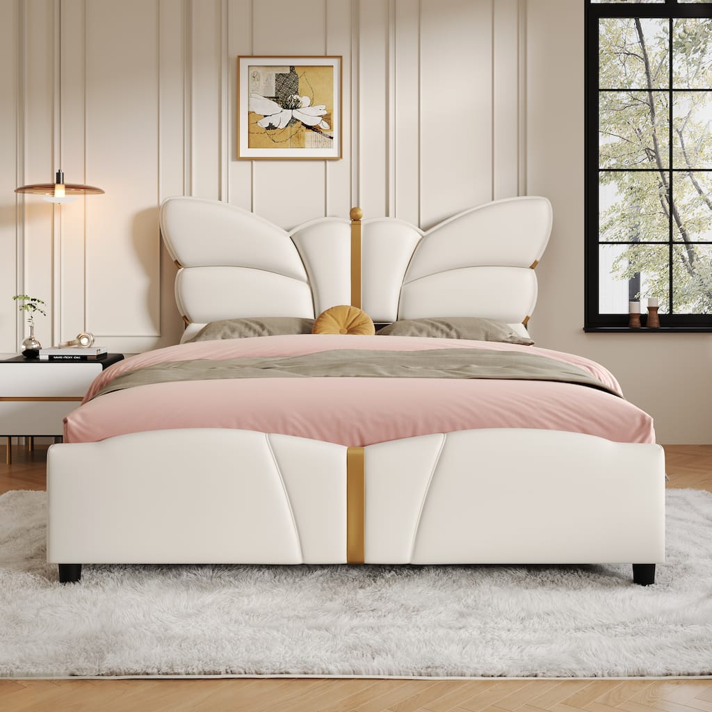 Queen Size Upholstered PU Leather Bed Frame with Butterfly Headboard, Gold Metal Decorations, No Box Spring Needed