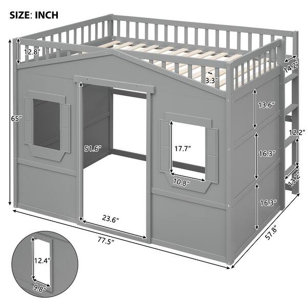 dimension image slide 3 of 4, Full Size Solid Wood House Loft Bed with Ladder