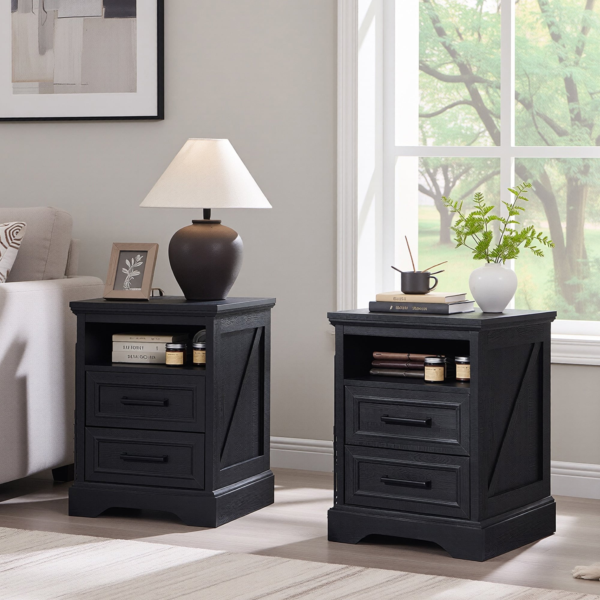 Farmhouse Nightstand Set of 2 with Charging Station, End Table