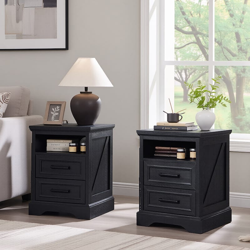 Farmhouse Nightstand Set of 2 with Charging Station, End Table - Black