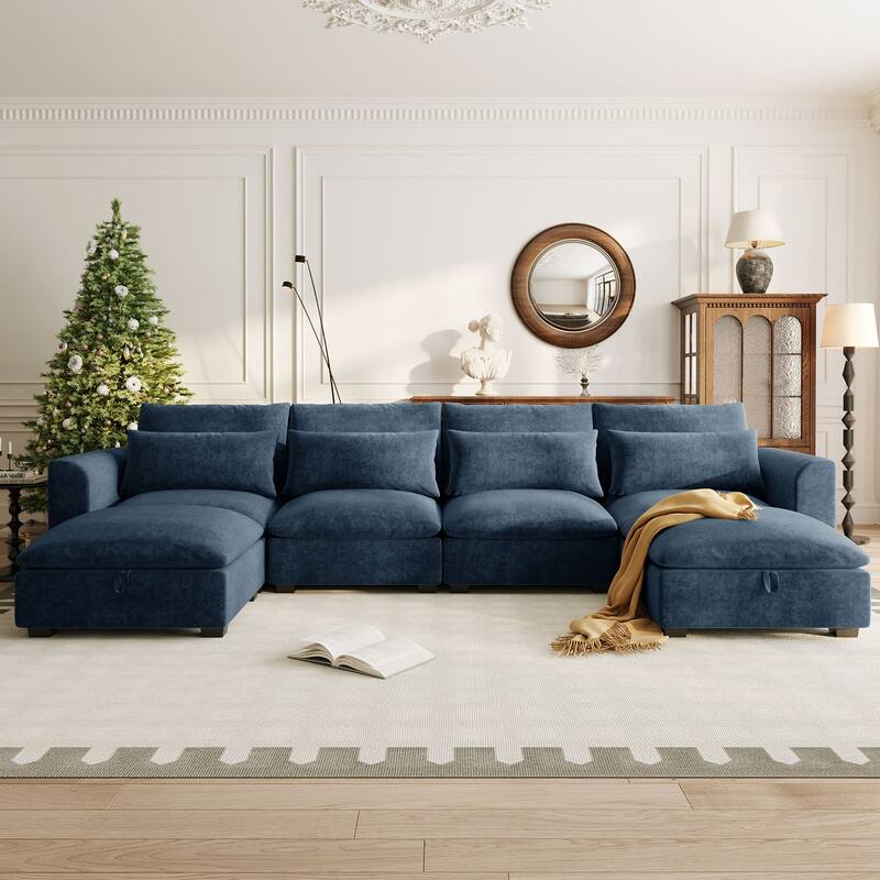 Blue Linen Blend U-shaped Modular Corner Sofa with 2 Ottomans, 132x61x32 inches, 218 lbs
