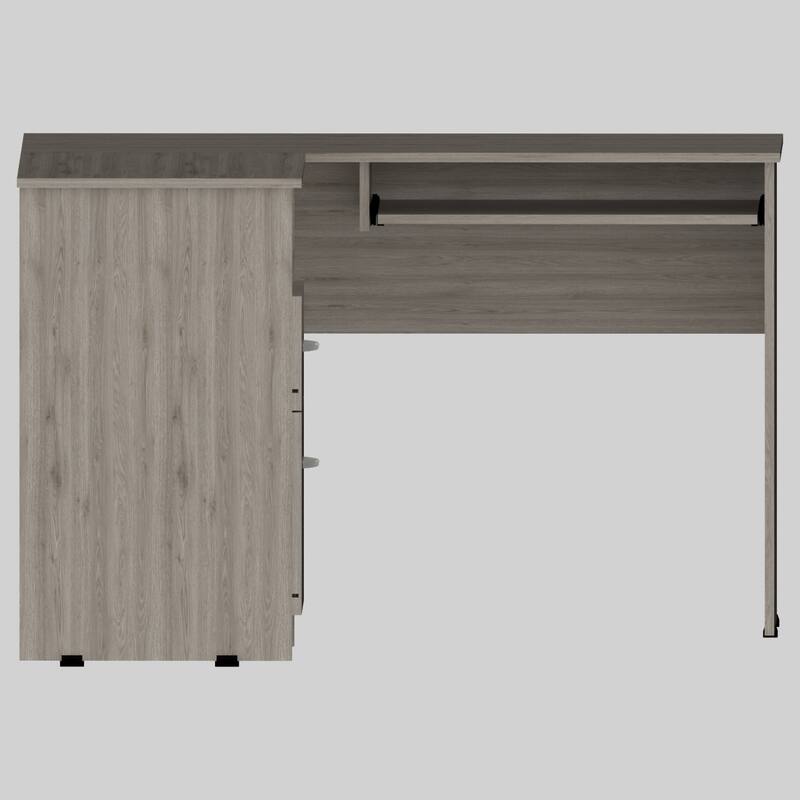Modern L-Shaped Computer Desk with Storage Drawers, Keyboard Tray, and Shelf - Light Grey