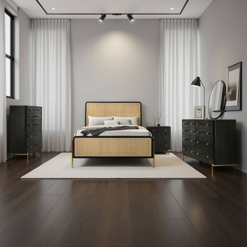 Fij 5pc Queen Bedroom Set w Round Mirror, Natural Brown Rattan, Black