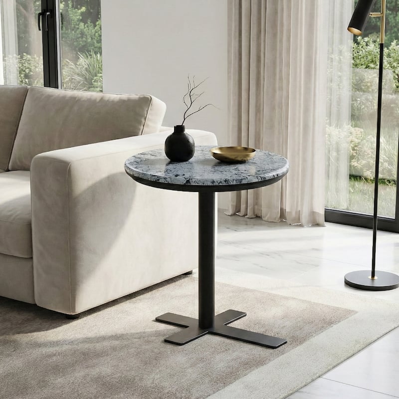 Modern Round Accent Side Table - Natural Crystal Stone Tabletop with Black Metal X-Base