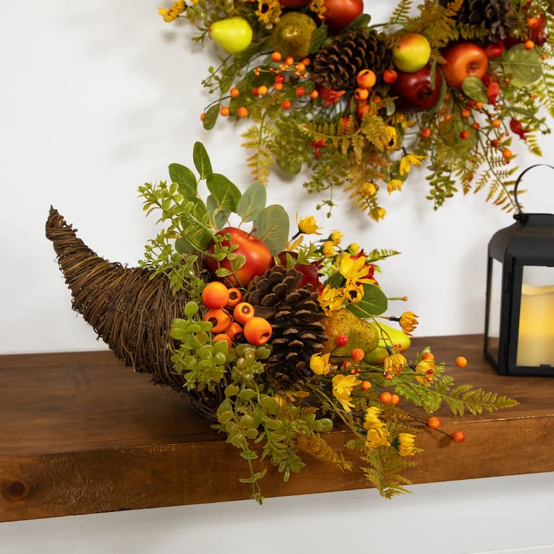 Apples, Berries and Pears Artificial Fall Harvest Cornucopia - 20" - Brown and Green