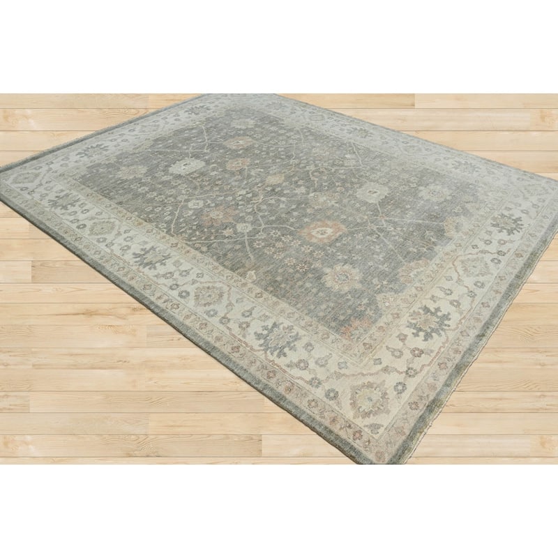 Gray Hand Knotted Turkish Oushak Wool Traditional Oriental Area Rug - 7' 10'' x 9' 9''