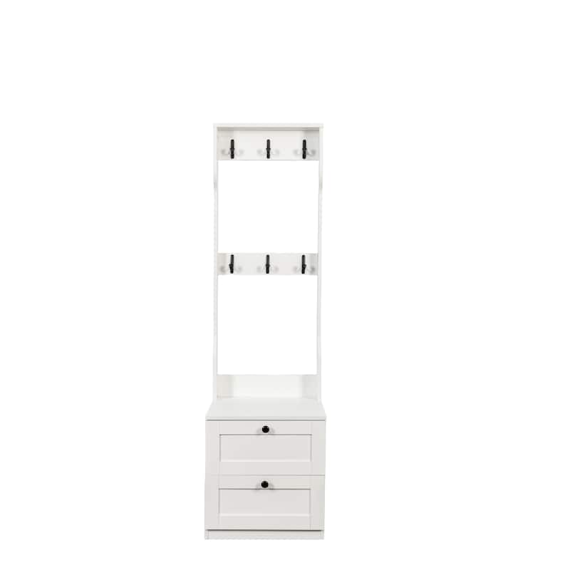 2-in-1 Coat Rack and Nightstand,Wood Entryway Storage Organizer with Drawer & Hooks, Freestanding Clothes Hanger