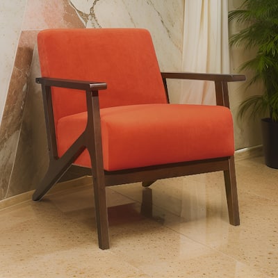 Rica 32 Inch Accent Armchair, Soft Orange Velvet, Walnut Brown Solid Wood