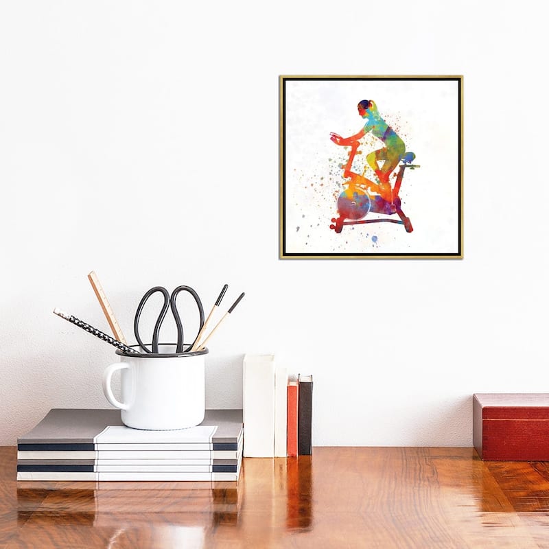 iCanvas "Woman Riding An Exercise Spin Bike In The Gym" by Paul Rommer Framed Canvas Print
